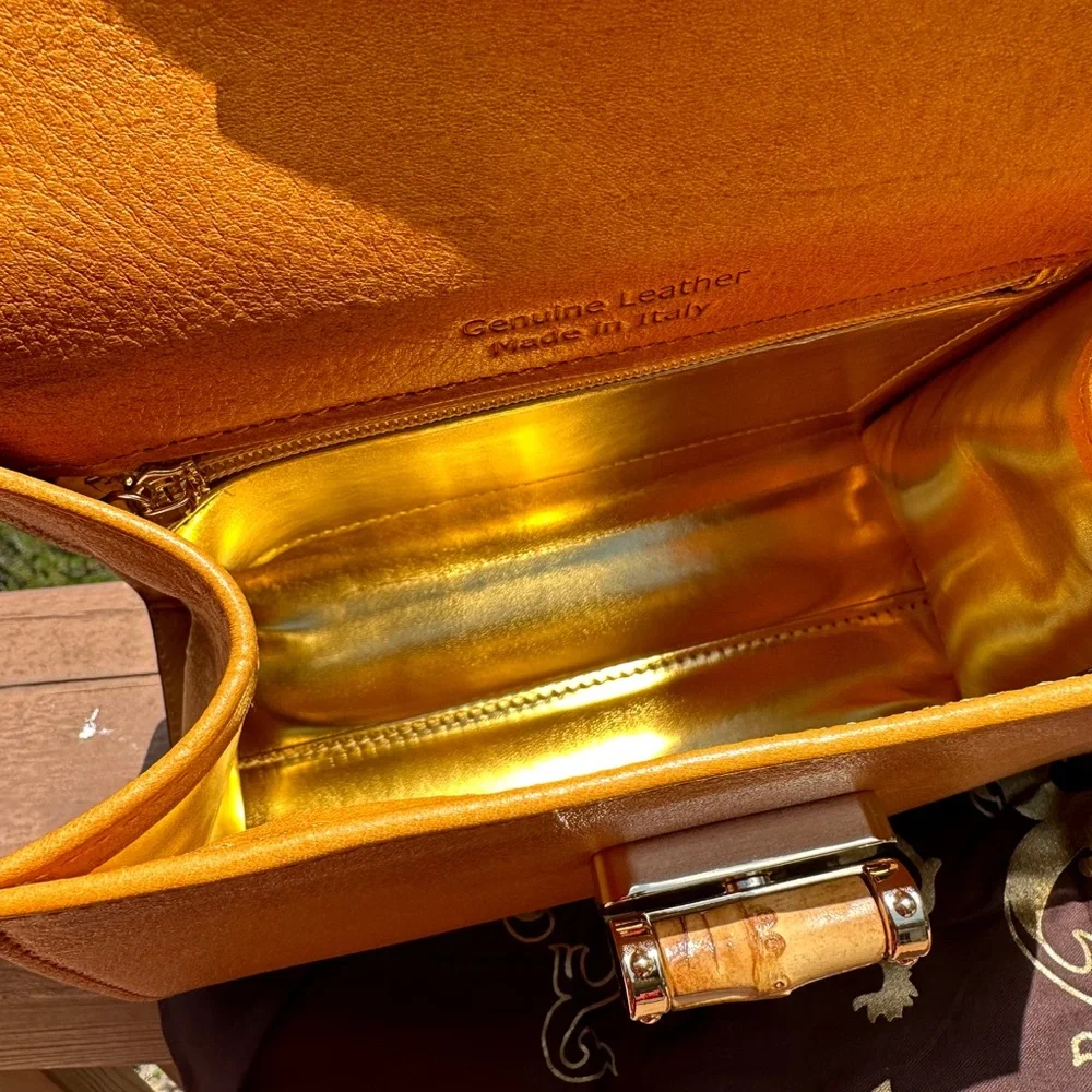 Elegant Yellow Shoulder Bag with Bamboo Handle - Picture 9 of 11